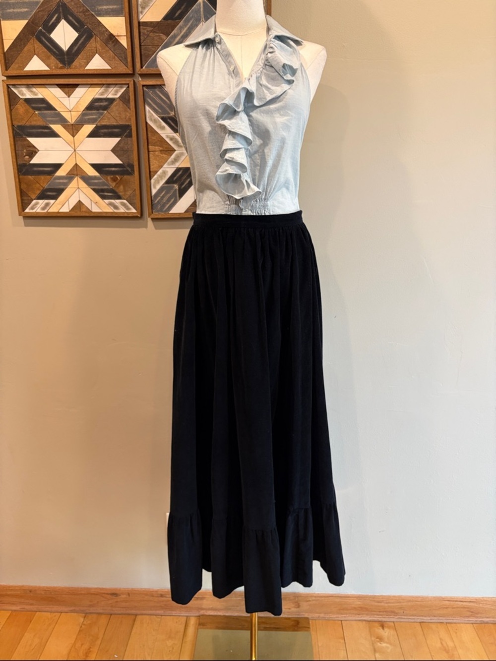Vintage Ralph Lauren Blue Label Cotton Corduroy Prairie Maxi Skirt Ruffled Hem